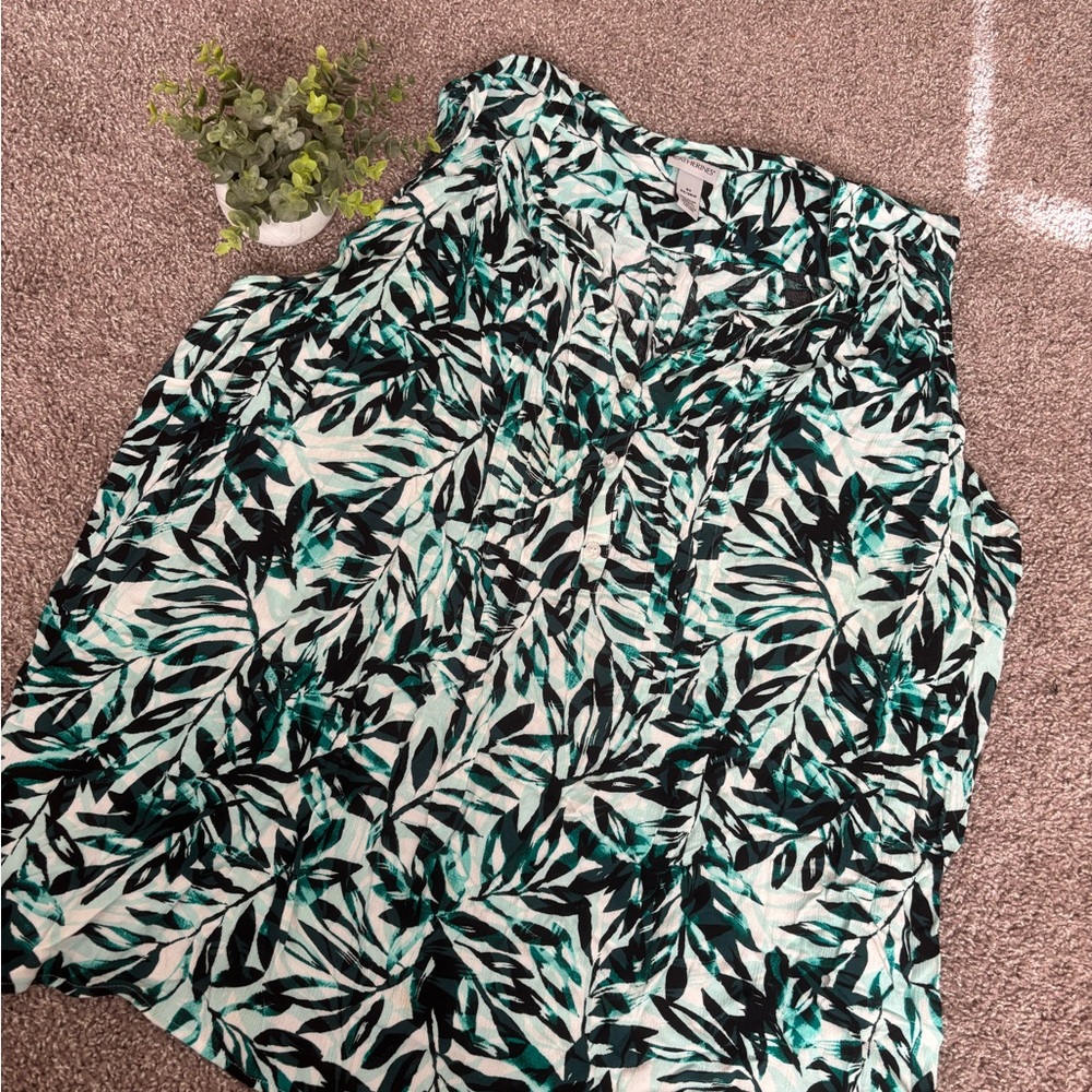 Catherines Tropical Leaf Print Top - Black, White, Teal